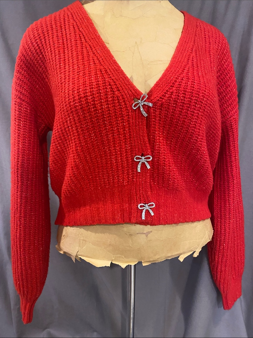 Red V-Neck Cropped  Cardigan with Bow Buttons